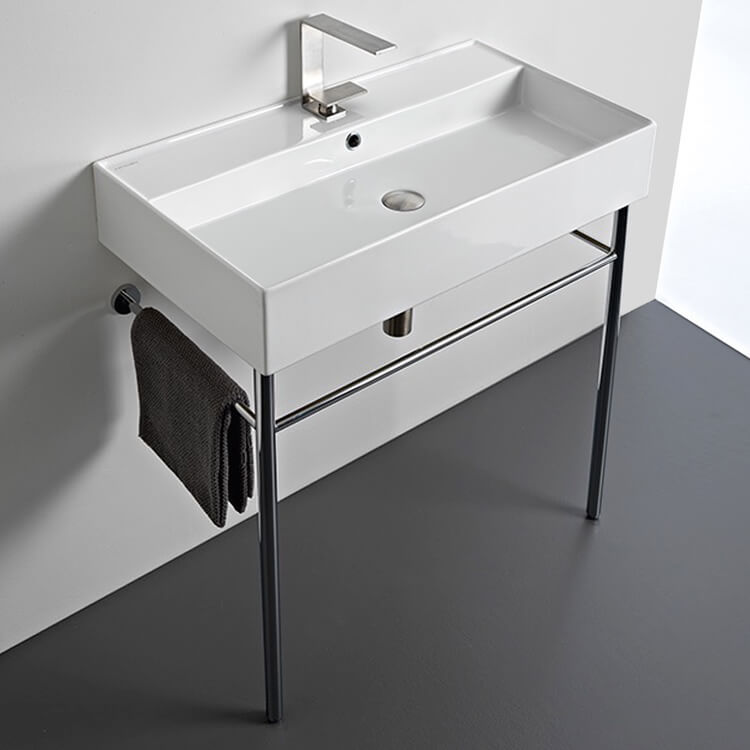 Scarabeo 8031/R-80-CON-One Hole Rectangular Ceramic Console Sink and Polished Chrome Stand